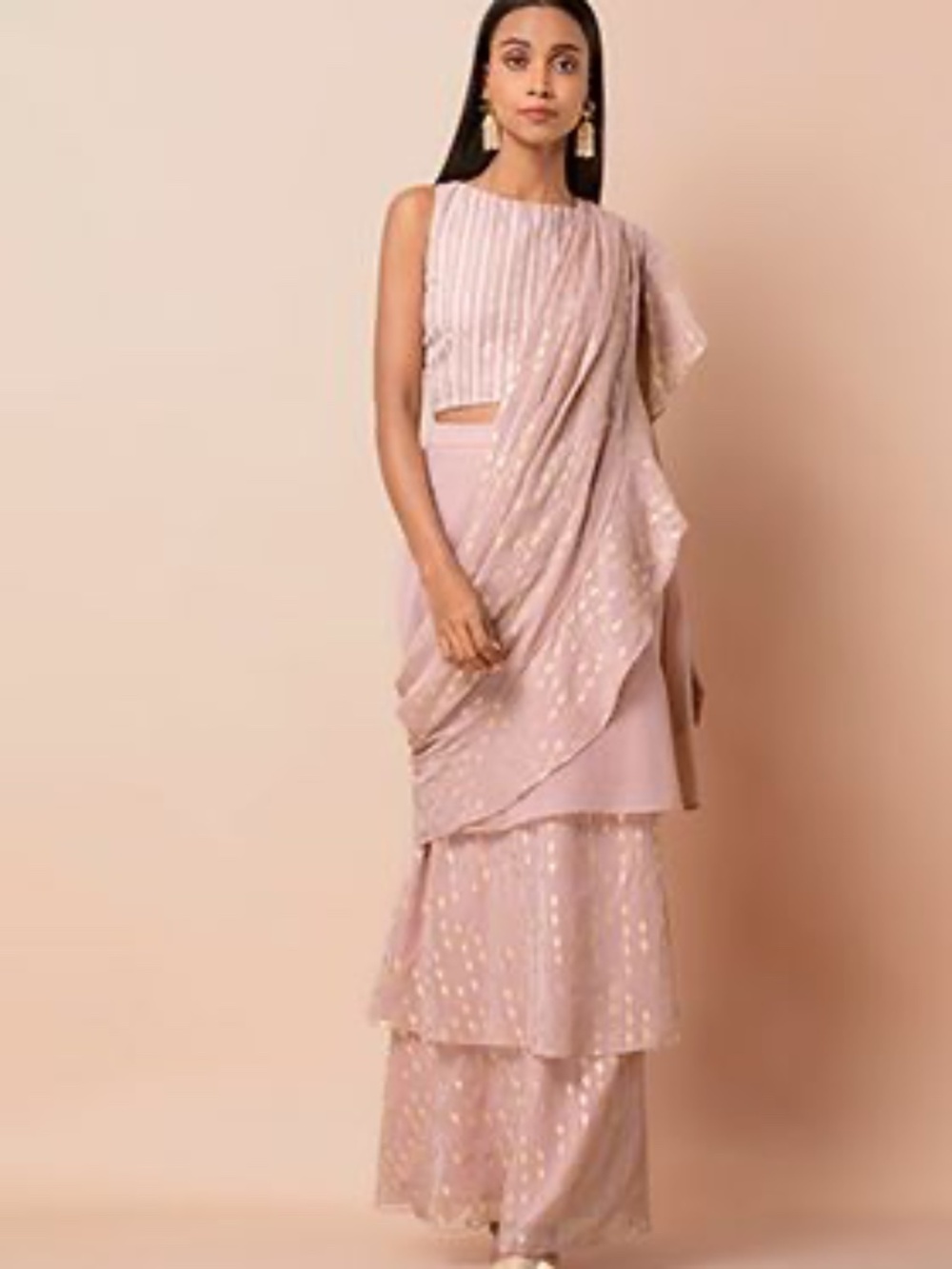 Pink Ruffled Tiered Pre-Stitched Saree (No blouse)